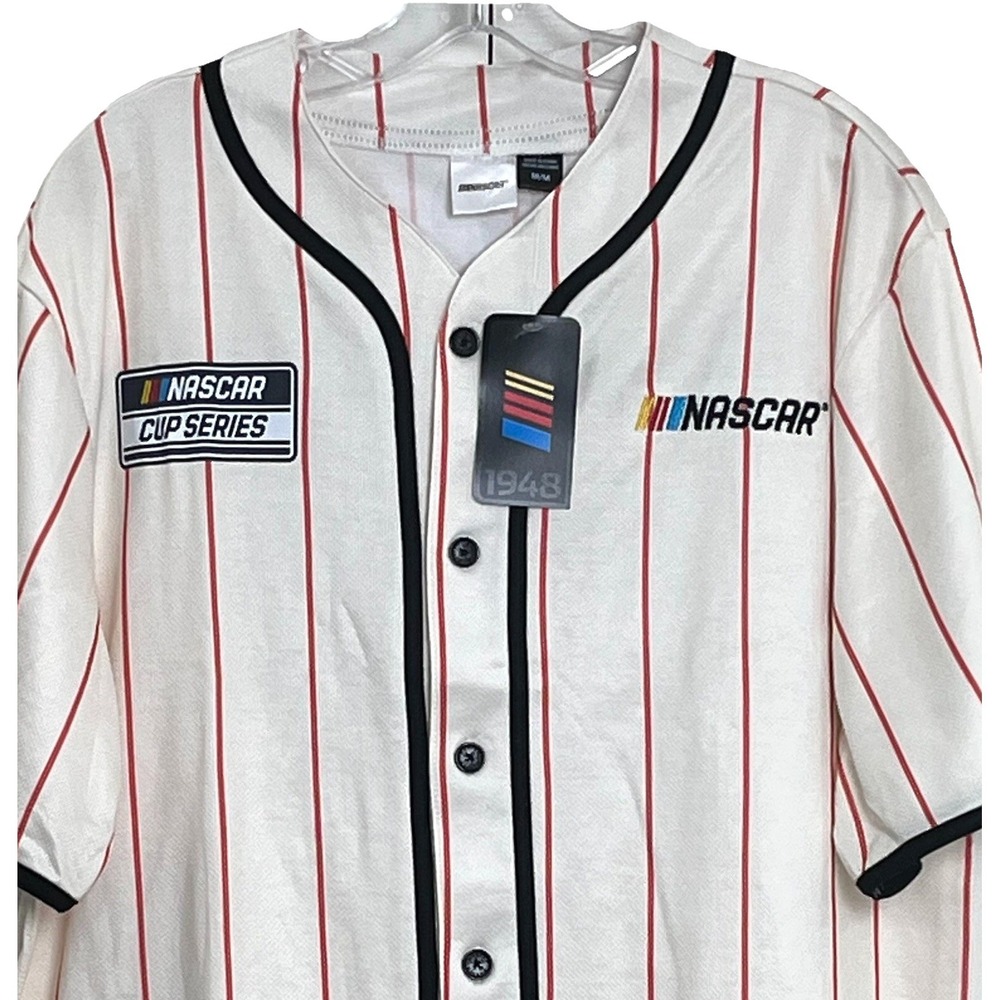 NWT Men's NASCAR Cup Series Baseball Jersey Medium White Red Pinstripe Button Up - Picture 5 of 13